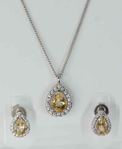 Sterling Silver/CZ/Citrine Teardrop Earrings and Pendant Set